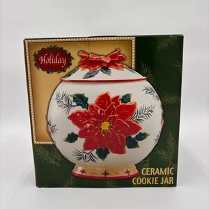 Poinsettia Holiday Ceramic Cookie Jar White Excellent Christmas Decor
